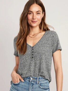 Old Navy Linen-Blend V-Neck Henley T-Shirt Gray